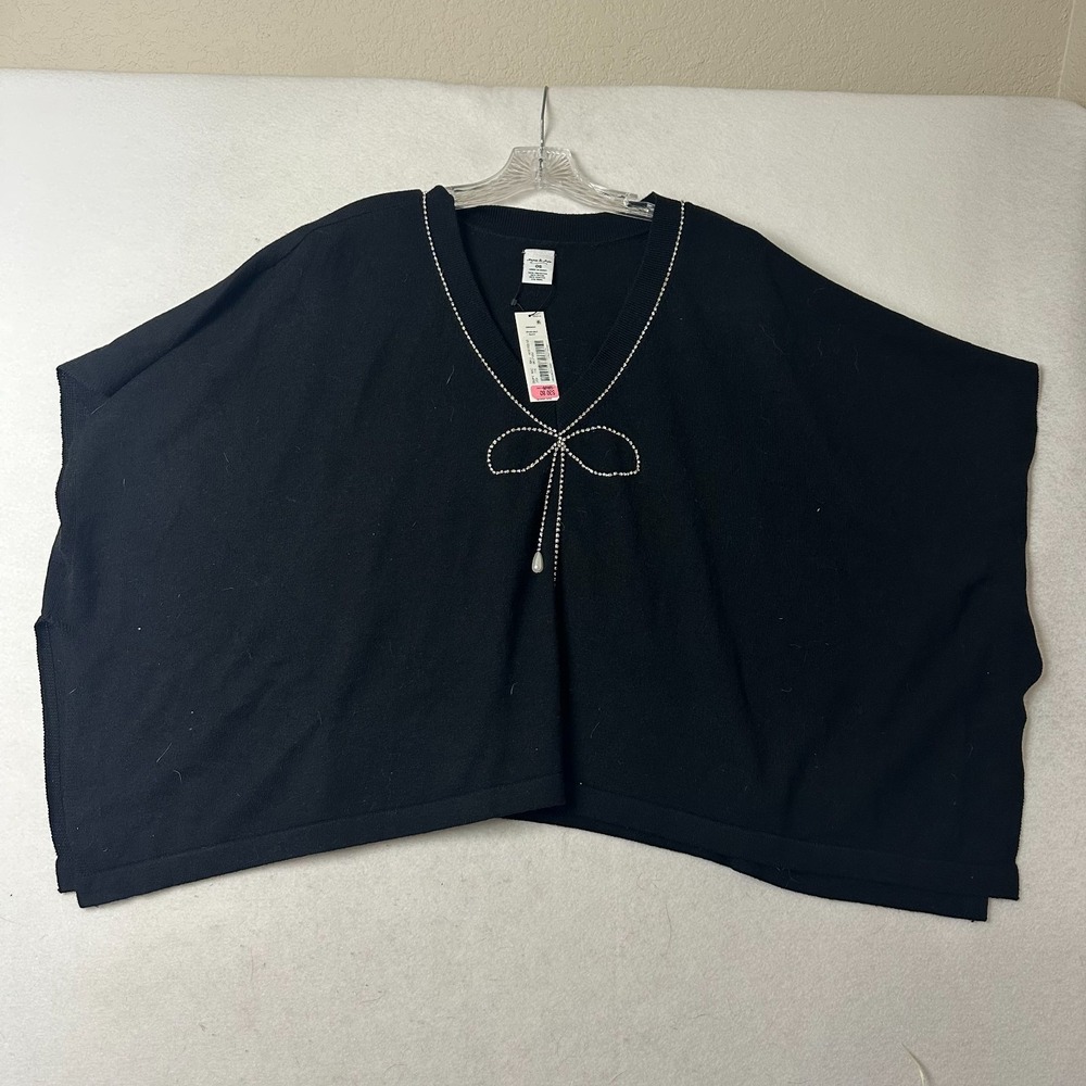 Anna & Ava Womens Black Rhinestone Bow Pearl‎ Knit Poncho Sweater OS DPA4813BLK